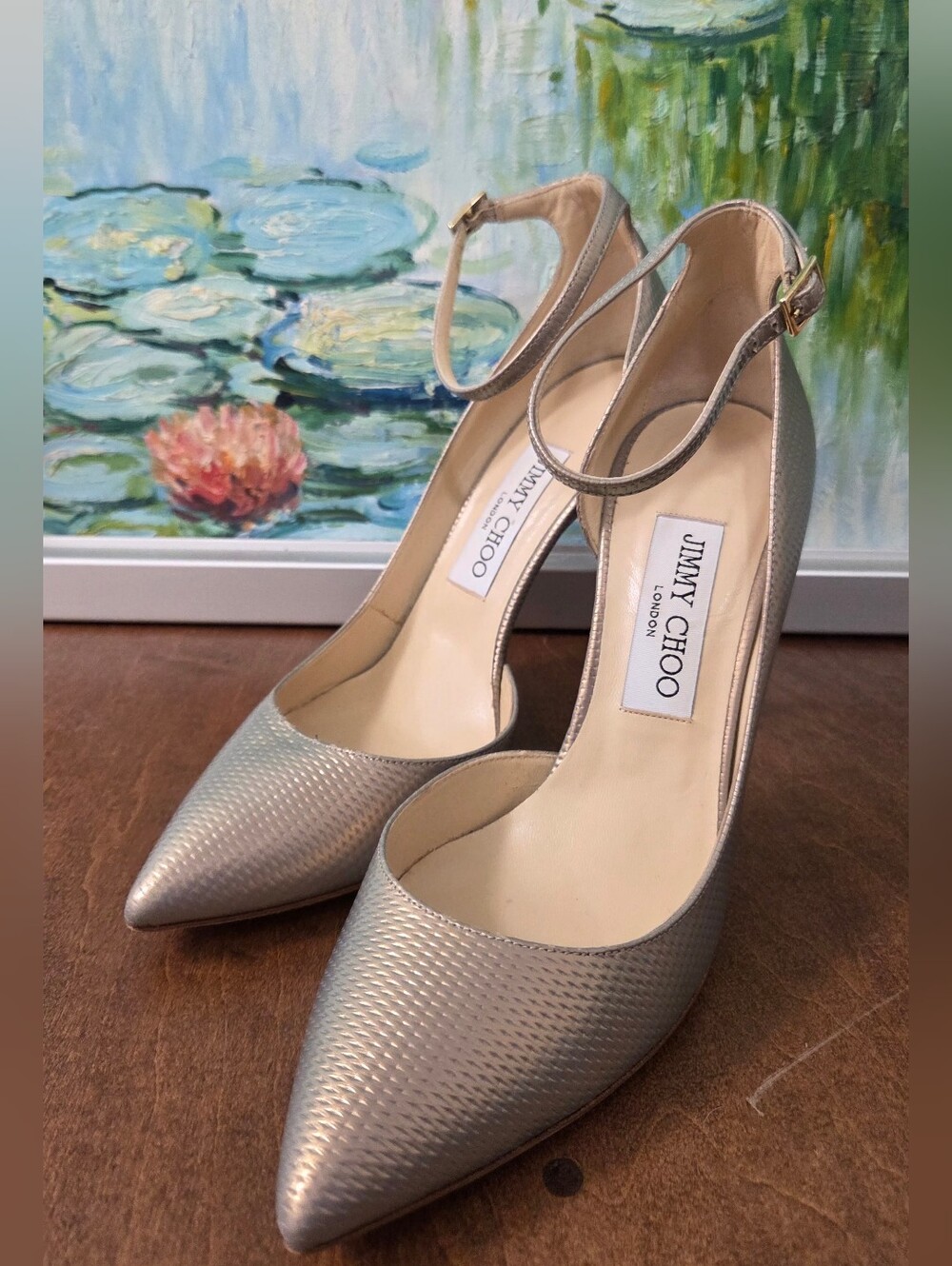 Jimmy Choo Metallic Ankle Strap Pointed Pumps Heels 37.5